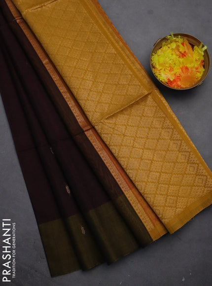 Kora silk cotton saree wine shade and mustard yellow with allover thread & zari buttas and zari woven butta border