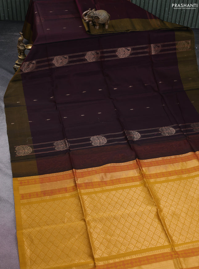 Kora silk cotton saree wine shade and mustard yellow with allover thread & zari buttas and zari woven butta border