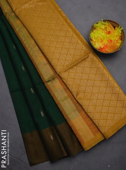 Kora silk cotton saree dark green and mustard yellow with allover thread & zari buttas and zari woven butta border