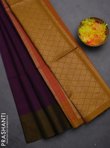Kora silk cotton saree purple and mustard yellow with allover thread & zari buttas and zari woven butta border