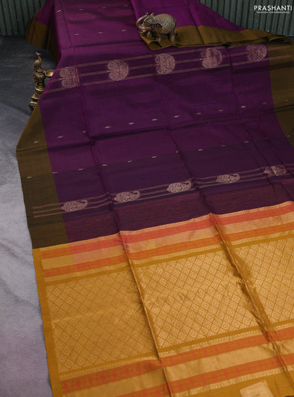 Kora silk cotton saree purple and mustard yellow with allover thread & zari buttas and zari woven butta border