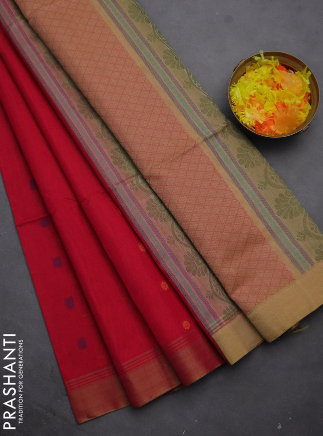 Kora silk cotton saree pink and sandal with thread woven floral buttas and simpl border