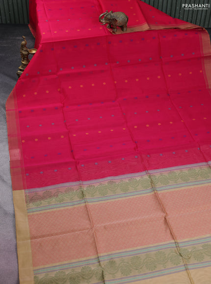 Kora silk cotton saree pink and sandal with thread woven floral buttas and simpl border
