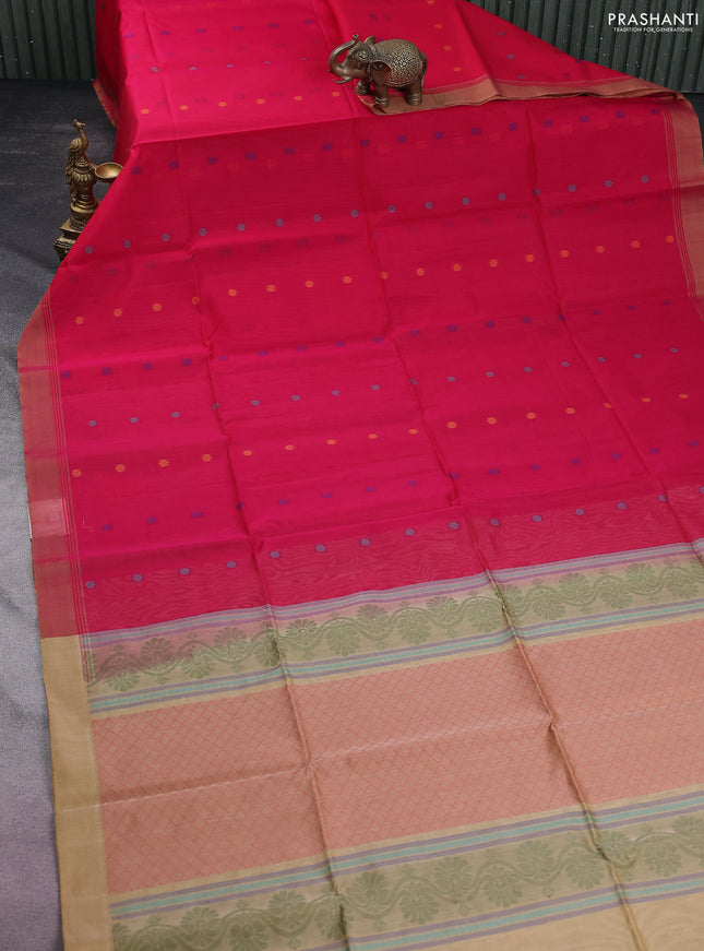 Kora silk cotton saree pink and sandal with thread woven floral buttas and simpl border