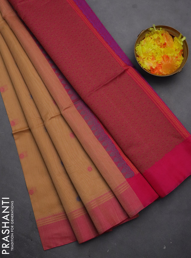 Kora silk cotton saree sandal and pink with thread woven floral buttas and simpl border