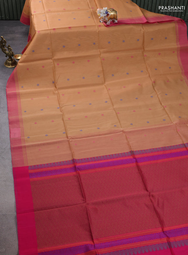 Kora silk cotton saree sandal and pink with thread woven floral buttas and simpl border