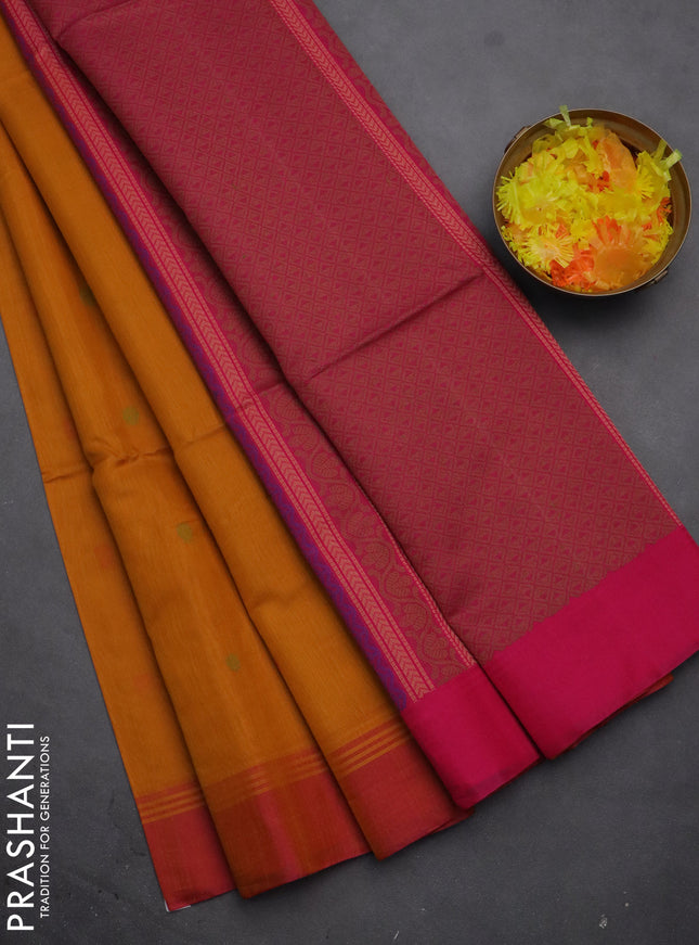 Kora silk cotton saree mustard yellow and pink with thread woven floral buttas and simpl border