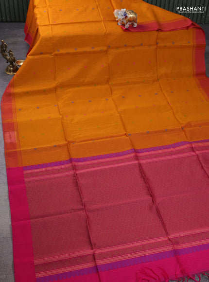 Kora silk cotton saree mustard yellow and pink with thread woven floral buttas and simpl border