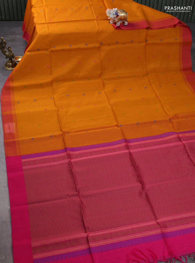 Kora silk cotton saree mustard yellow and pink with thread woven floral buttas and simpl border