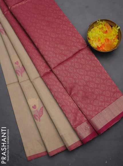 Kora silk cotton saree beige and magenta pink with thread & zari woven floral buttas and zari woven border