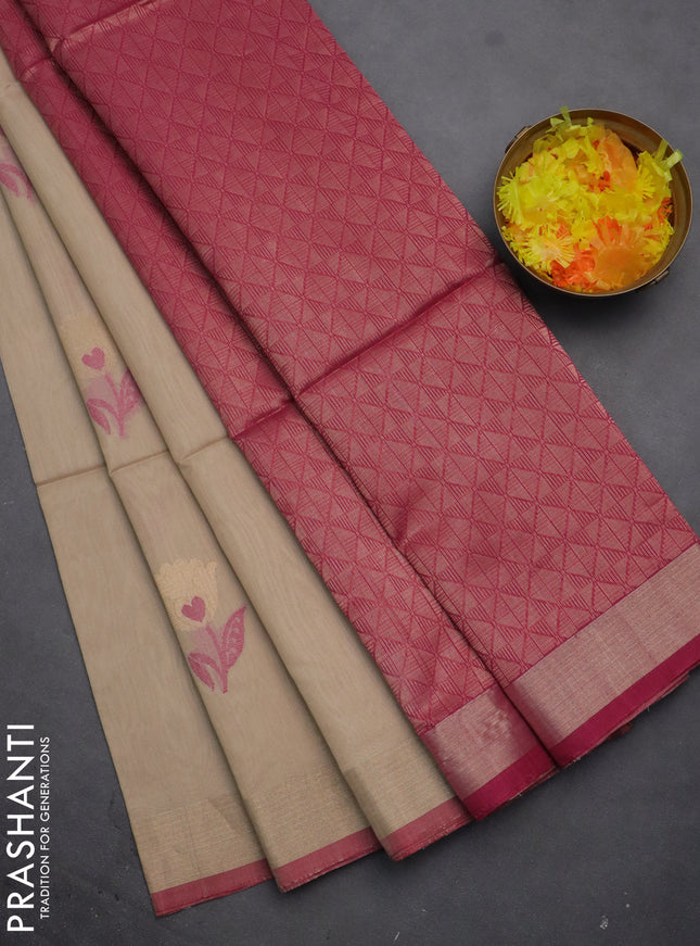 Kora silk cotton saree beige and magenta pink with thread & zari woven floral buttas and zari woven border