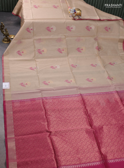 Kora silk cotton saree beige and magenta pink with thread & zari woven floral buttas and zari woven border