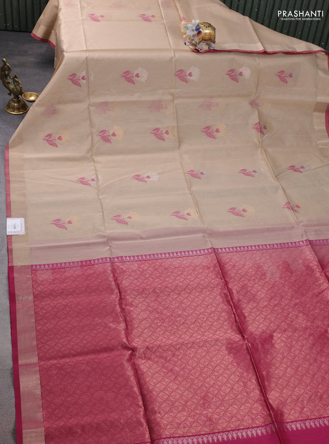 Kora silk cotton saree beige and magenta pink with thread & zari woven floral buttas and zari woven border