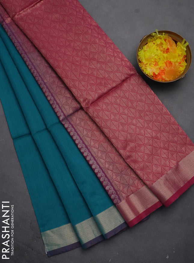 Kora silk cotton saree teal green shade and magenta pink with thread & zari woven floral buttas and zari woven border