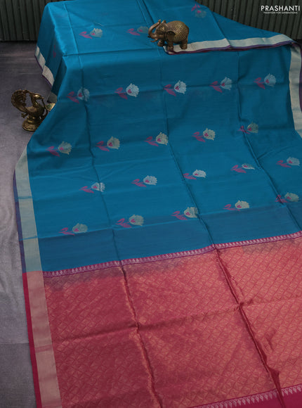 Kora silk cotton saree teal green shade and magenta pink with thread & zari woven floral buttas and zari woven border