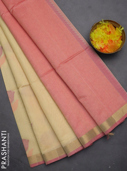 Kora silk cotton saree cream and pink with thread & zari woven floral buttas and zari woven border