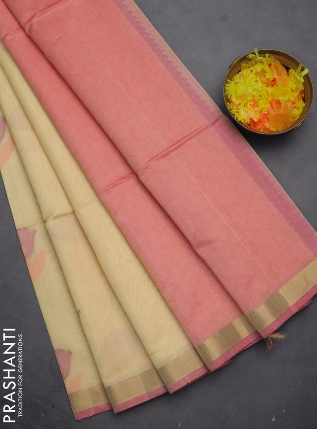 Kora silk cotton saree cream and pink with thread & zari woven floral buttas and zari woven border