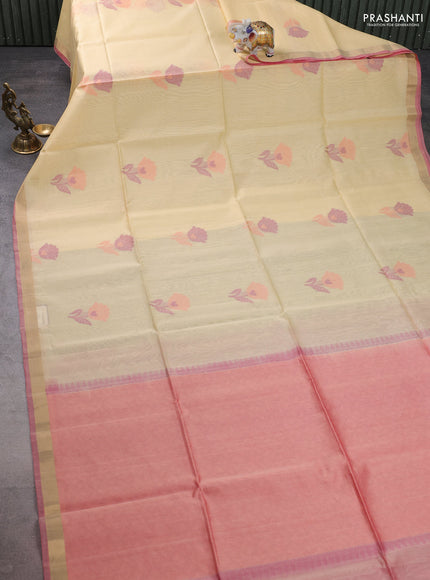 Kora silk cotton saree cream and pink with thread & zari woven floral buttas and zari woven border