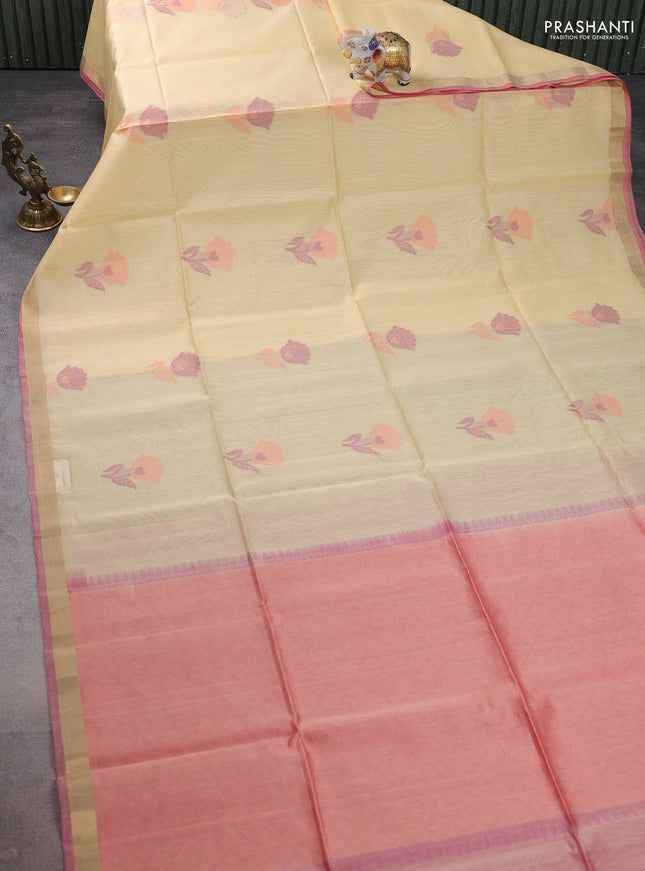 Kora silk cotton saree cream and pink with thread & zari woven floral buttas and zari woven border