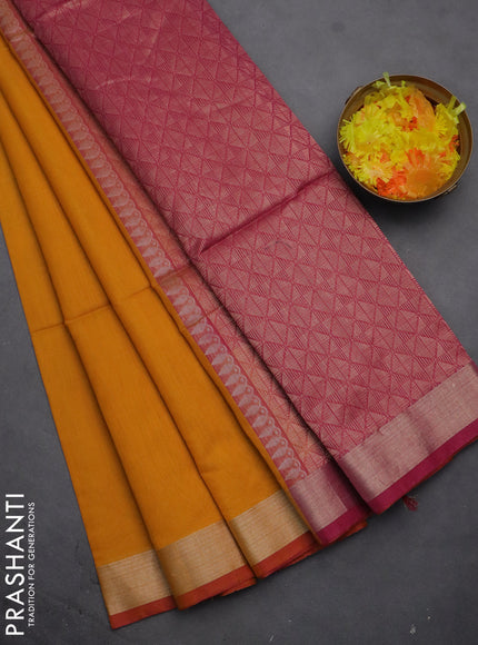 Kora silk cotton saree mustard yellow and pink with thread & zari woven floral buttas and zari woven border