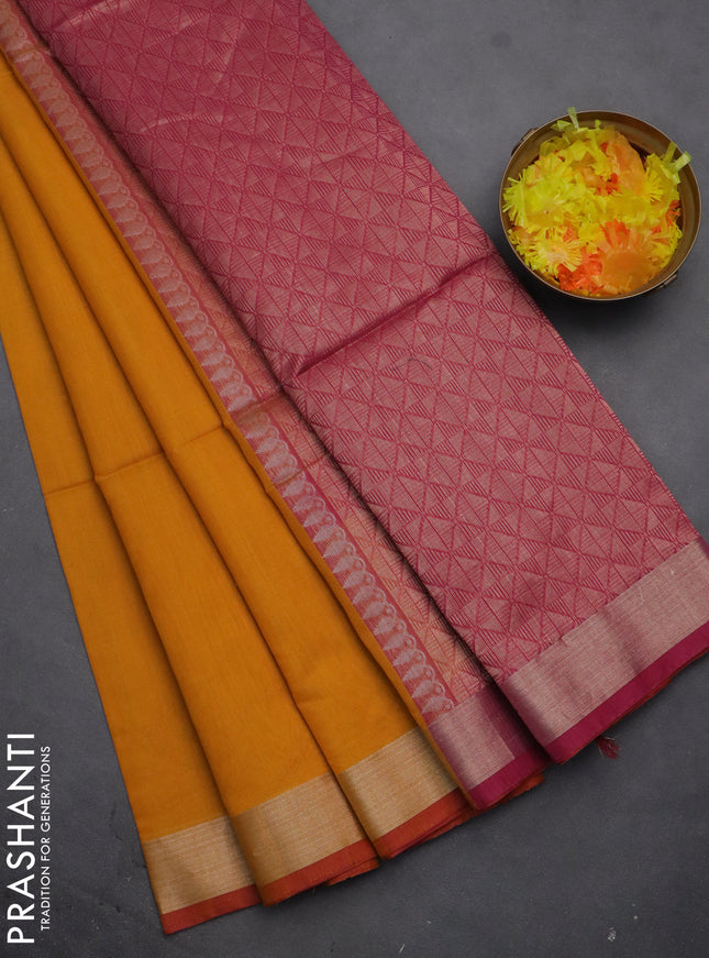 Kora silk cotton saree mustard yellow and pink with thread & zari woven floral buttas and zari woven border
