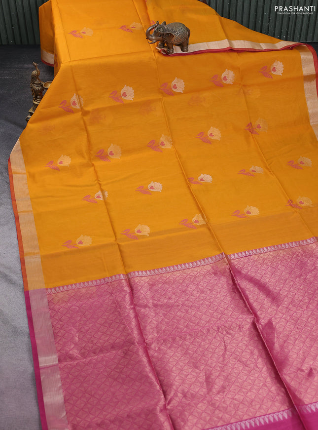 Kora silk cotton saree mustard yellow and pink with thread & zari woven floral buttas and zari woven border