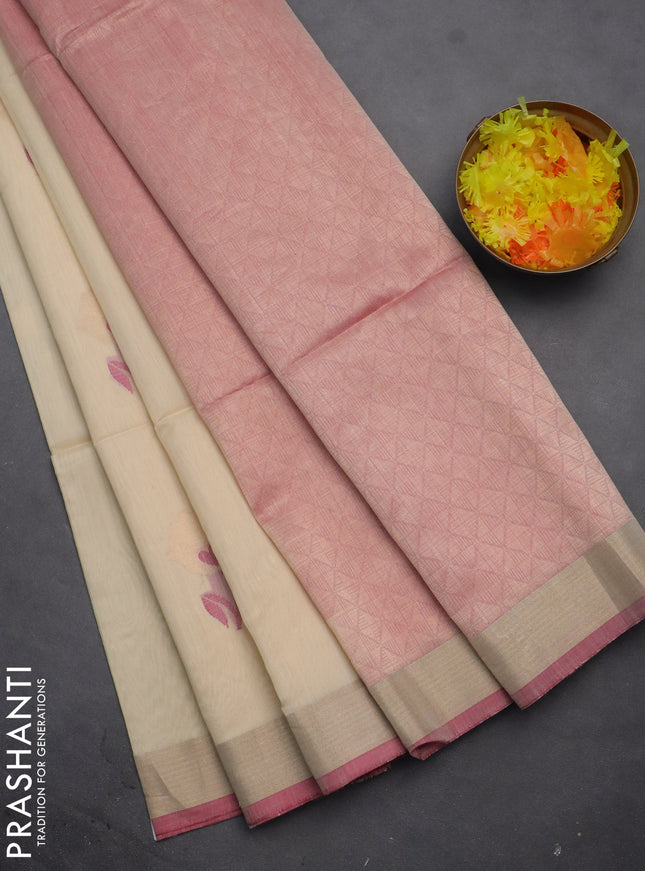 Kora silk cotton saree cream and dual shade of pink with thread & zari woven floral buttas and zari woven border