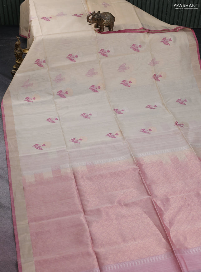 Kora silk cotton saree cream and dual shade of pink with thread & zari woven floral buttas and zari woven border