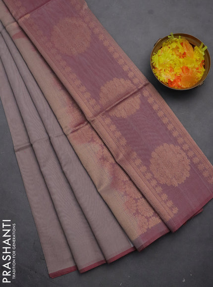 Kora silk cotton saree grey shade and pastel maroon with zari woven buttas and piping border