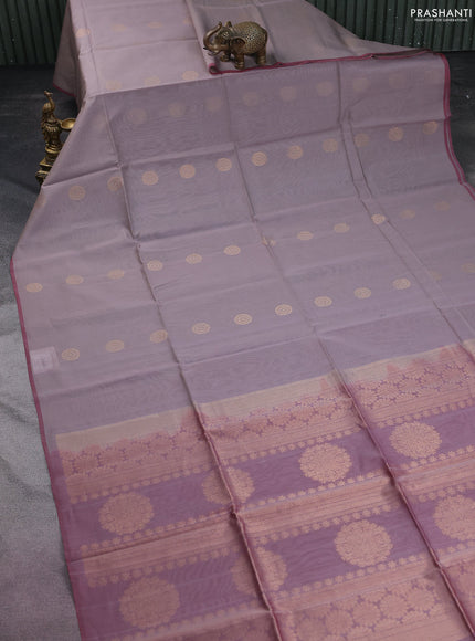 Kora silk cotton saree grey shade and pastel maroon with zari woven buttas and piping border