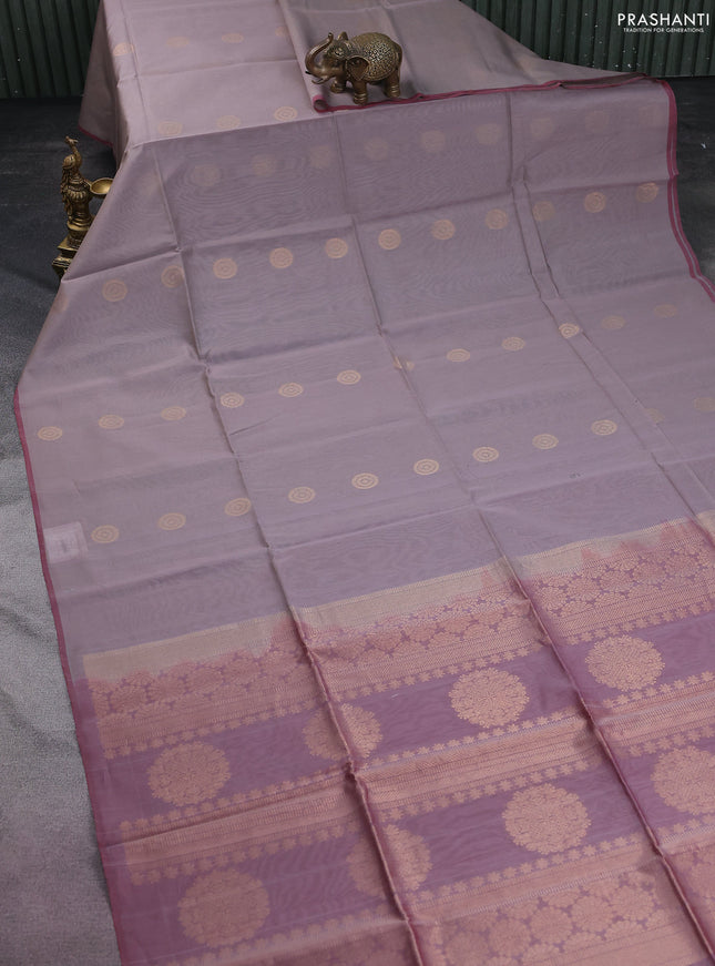 Kora silk cotton saree grey shade and pastel maroon with zari woven buttas and piping border