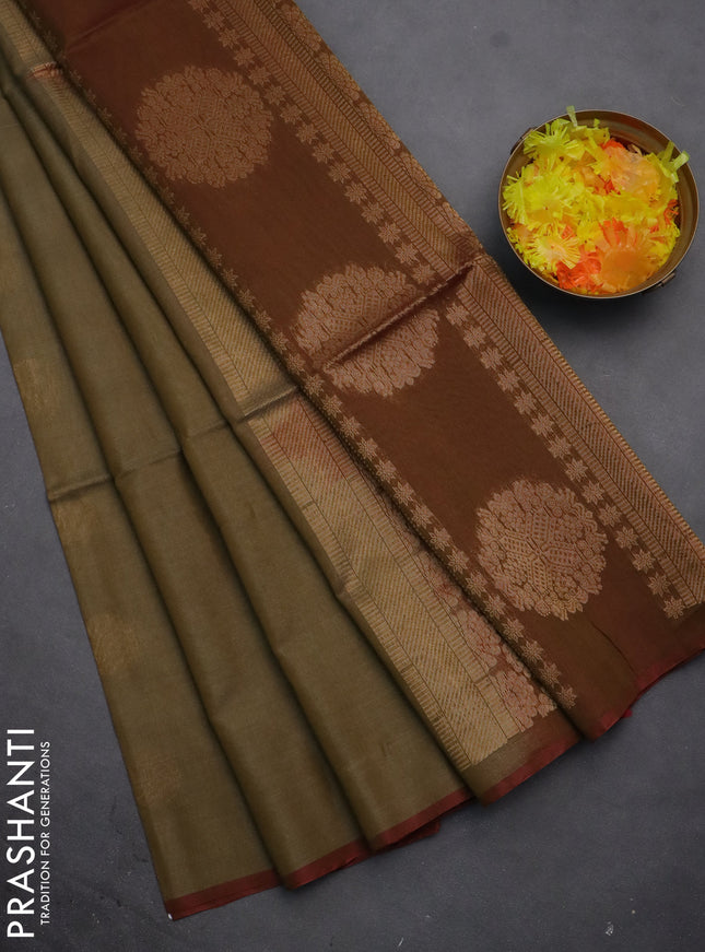 Kora silk cotton saree elaichi green and dual shade of greenish red with zari woven buttas and piping border