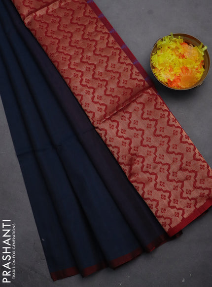 Kora silk cotton saree peacock blue and maroon with thread & zari woven leaf buttas and piping border