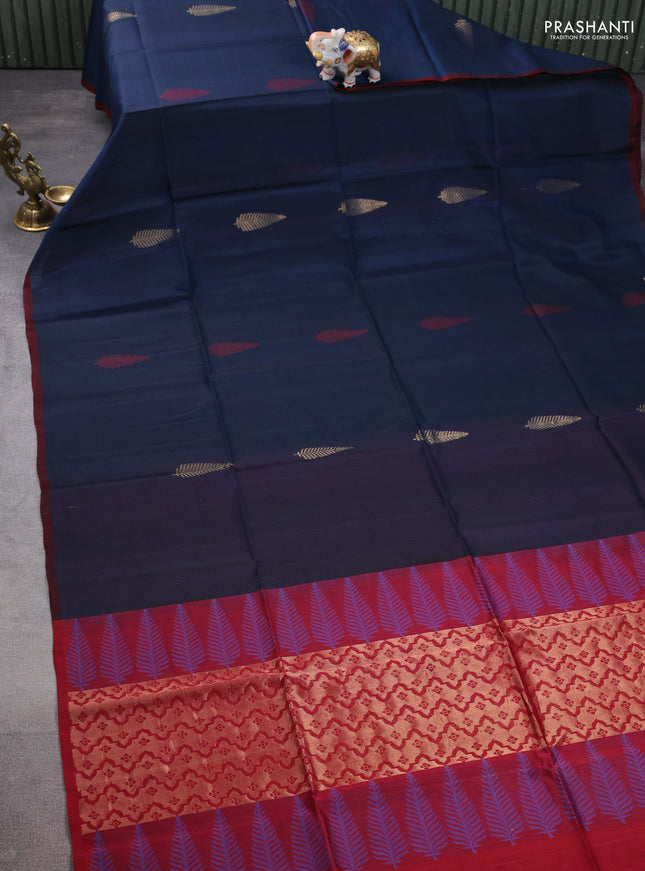 Kora silk cotton saree peacock blue and maroon with thread & zari woven leaf buttas and piping border