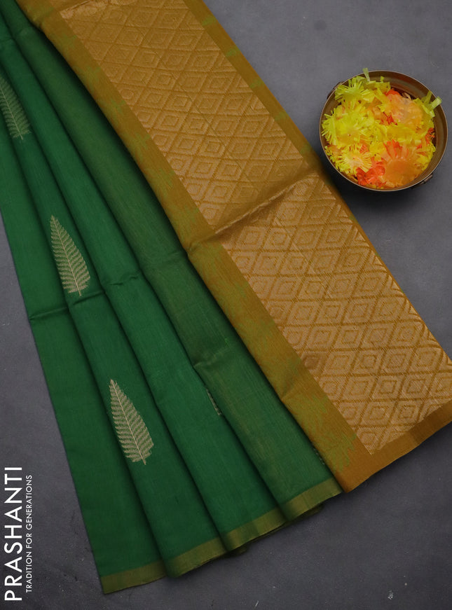 Kora silk cotton saree green and mustard yellow with thread & zari woven leaf buttas and piping border
