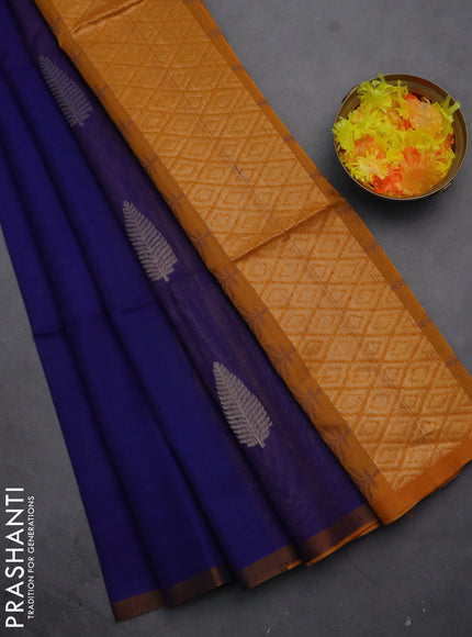 Kora silk cotton saree blue and dark mustard with thread & zari woven leaf buttas and piping border
