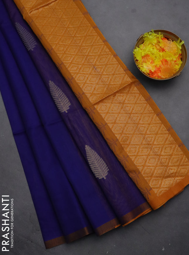 Kora silk cotton saree blue and dark mustard with thread & zari woven leaf buttas and piping border