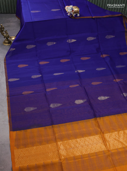 Kora silk cotton saree blue and dark mustard with thread & zari woven leaf buttas and piping border