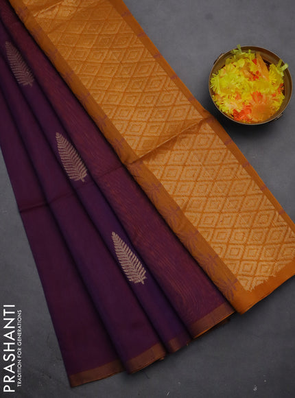 Kora silk cotton saree purple and dark mustard with thread & zari woven leaf buttas and piping border