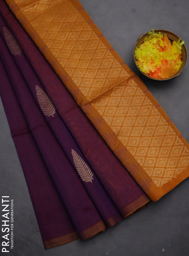Kora silk cotton saree purple and dark mustard with thread & zari woven leaf buttas and piping border