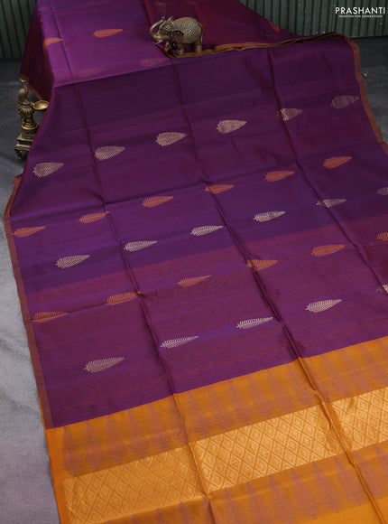 Kora silk cotton saree purple and dark mustard with thread & zari woven leaf buttas and piping border
