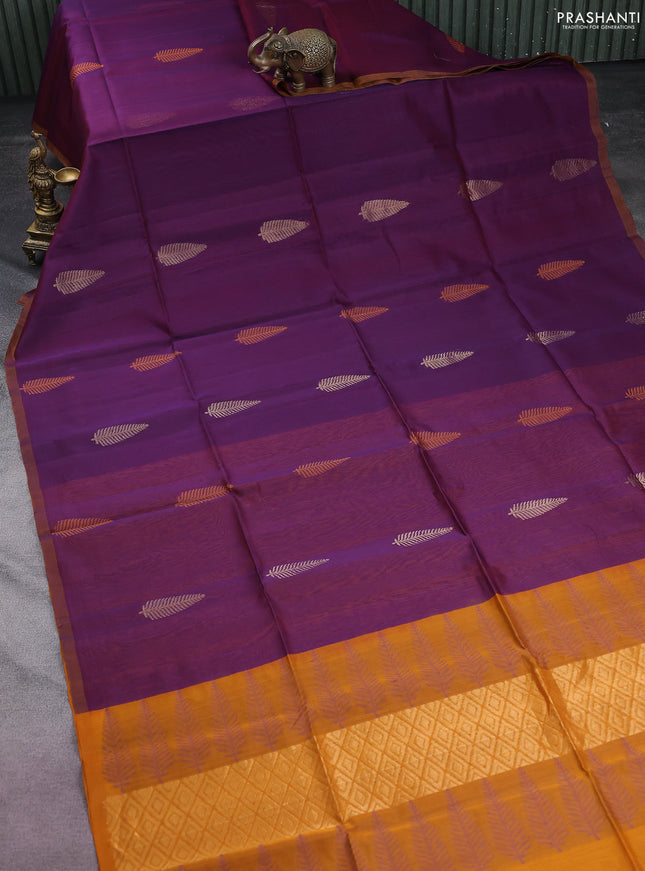 Kora silk cotton saree purple and dark mustard with thread & zari woven leaf buttas and piping border