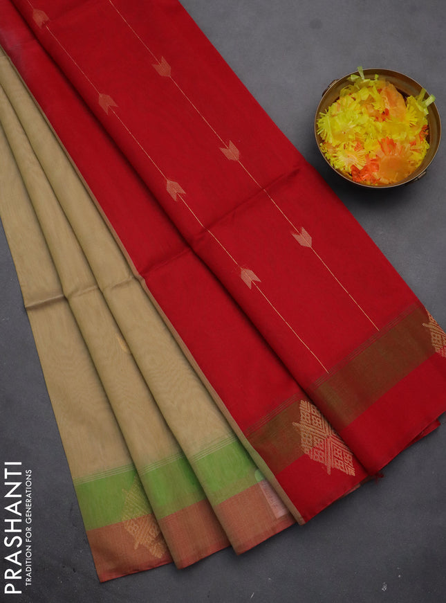 Kora silk cotton saree beige and red with zari woven buttas and zari woven butta border