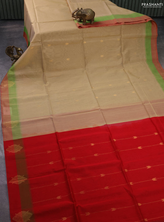 Kora silk cotton saree beige and red with zari woven buttas and zari woven butta border