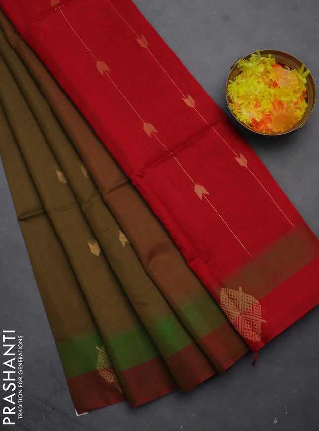 Kora silk cotton saree olive green and red with zari woven buttas and zari woven butta border