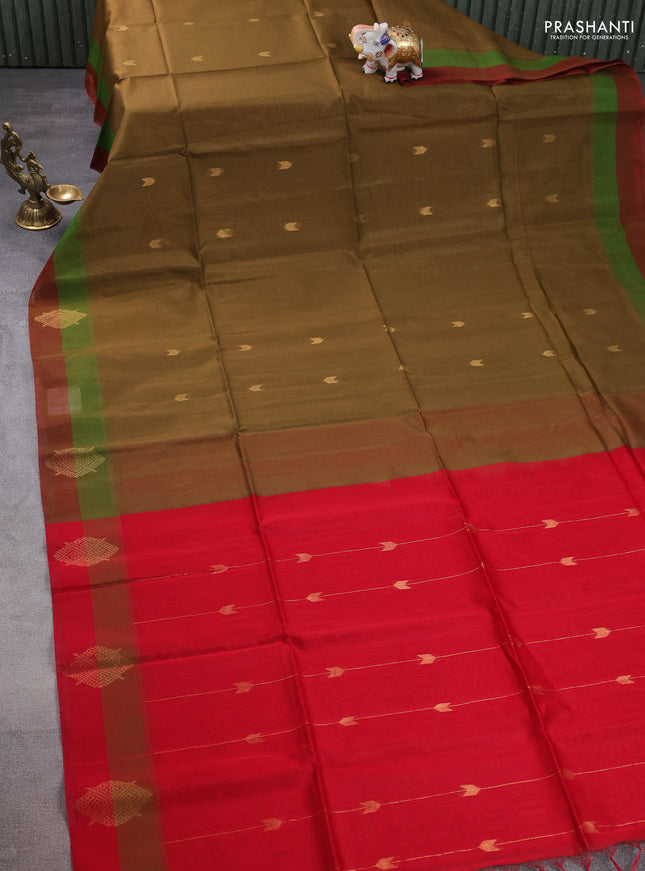 Kora silk cotton saree olive green and red with zari woven buttas and zari woven butta border