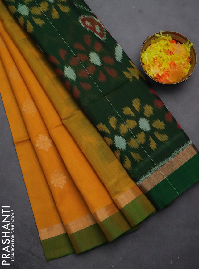Kora silk cotton saree mustard yellow and green with zari woven buttas and zari woven border