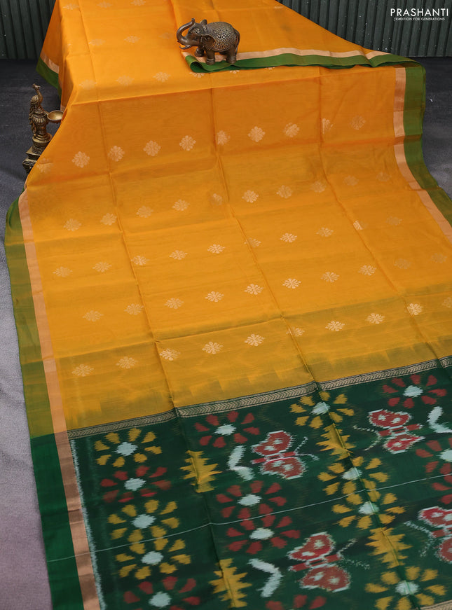 Kora silk cotton saree mustard yellow and green with zari woven buttas and zari woven border