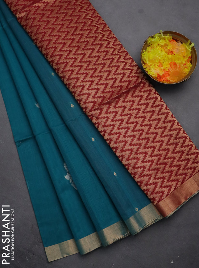 Kora silk cotton saree teal green shade and maroon with silver & gold zari woven buttas and zari woven border