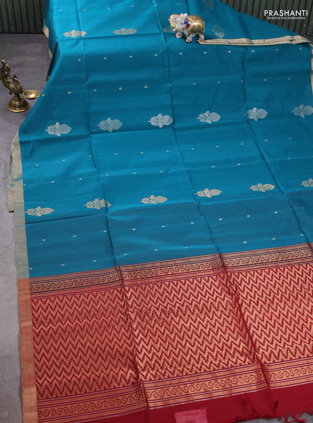 Kora silk cotton saree teal green shade and maroon with silver & gold zari woven buttas and zari woven border